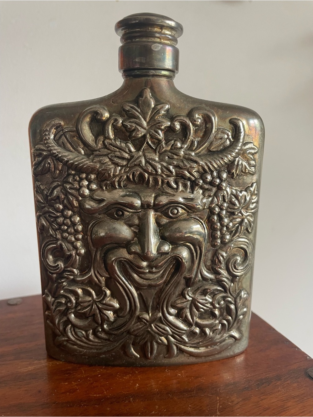 Vintage Silver Plated Ornate Embossed Dionysus God of Wine Metal Flask